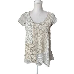 Johnny Was 4 Love And Liberty Mixed Lace Patchwork Asymmetrical Top Gray Cream S